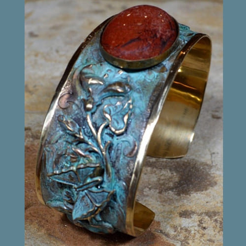EC-051 Cuff Zen Garden Butterflies on Flowers - Rainbow Jasper $100 at Hunter Wolff Gallery
